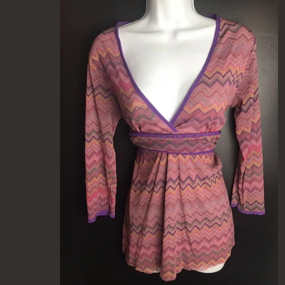 SWEET PEA Mesh Blouse Top Shirt Chevron Zig Zag Geo Pink Purple VNeck Stacy Frat - Picture 8 of 8